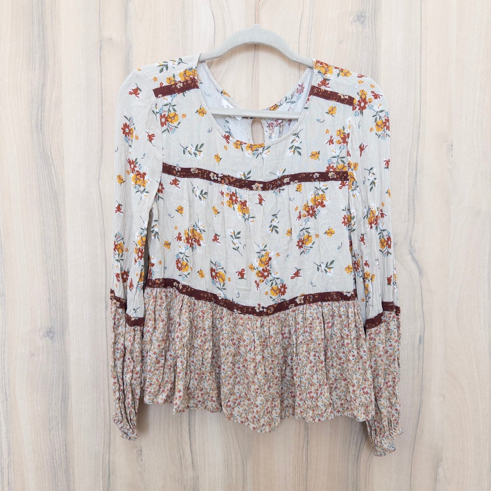 Womens Floral Patchwork Peasant Blouse Size M‎ Cream Brown Boho Cottage Romantic